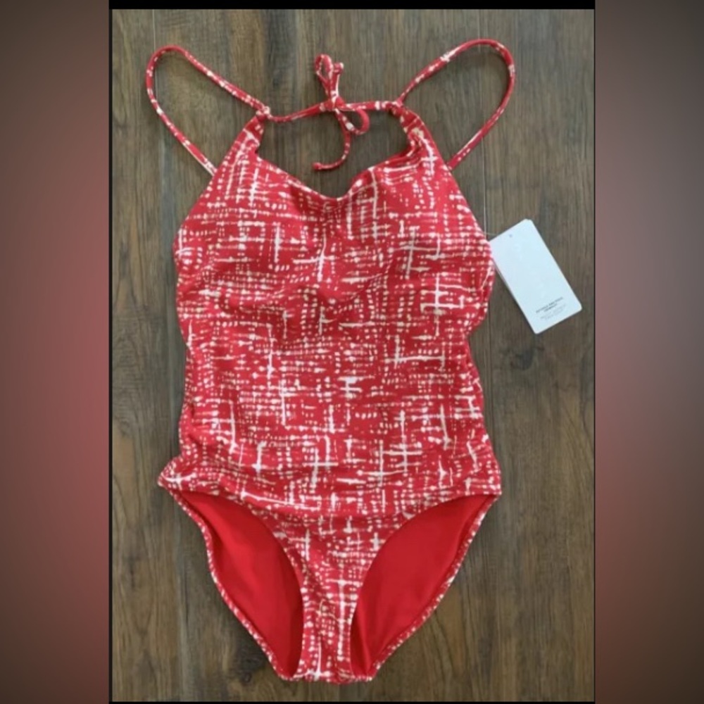 Athleta Red and White Geometric One Piece Swimsuit